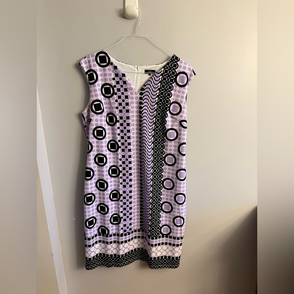 ILE New York Purple Black Geometric Print Shift Dress S 16 Mod Retro Sleeveless